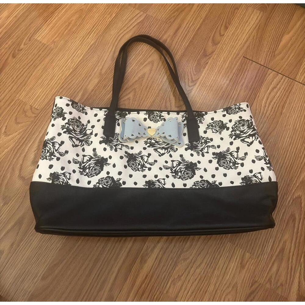 Betsey Johnson Black and White Tote with Floral Print and Bow